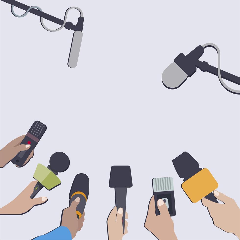 stampa conferenza e colloquio, giornalismo trasmissione, registratore e microfono, reporter comunicazione, bandiera per notizia e rapporto. vettore illustrazione