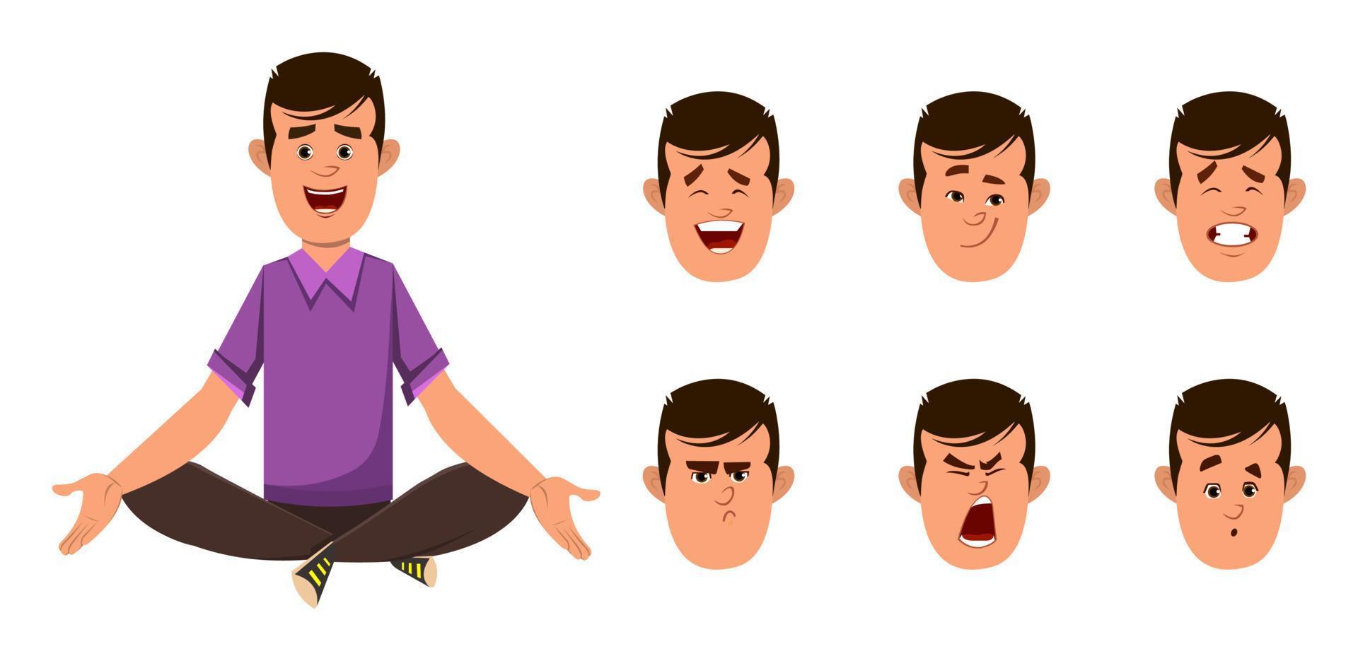 personaggio dei cartoni animati ragazzo casual che fa yoga o si rilassa la meditazione. personaggio d'affari con diversi tipi di espressione facciale vettore