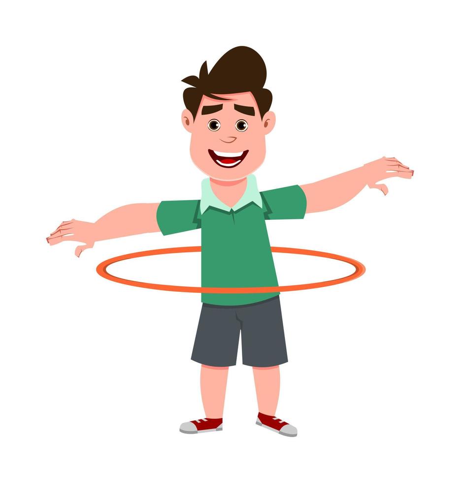 ragazzo carino che gioca a hula hoop. simpatico personaggio in stile piatto per bambini per design, movimento o design. vettore
