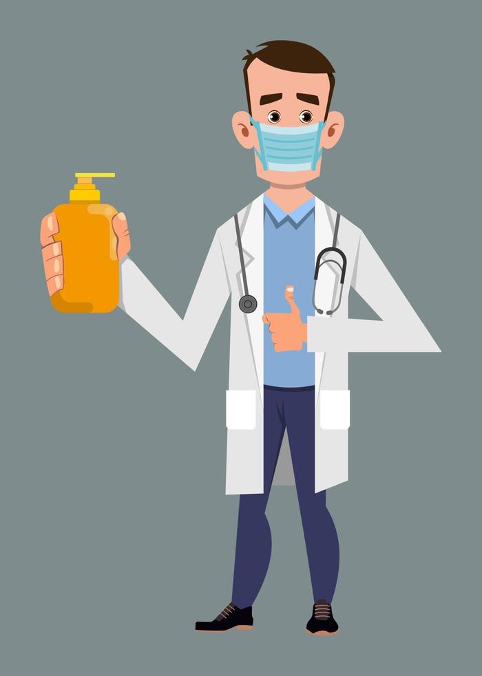 medico che indossa una maschera facciale e mostra una bottiglia di gel alcolico. covid-19 o illustrazione del concetto di coronavirus vettore