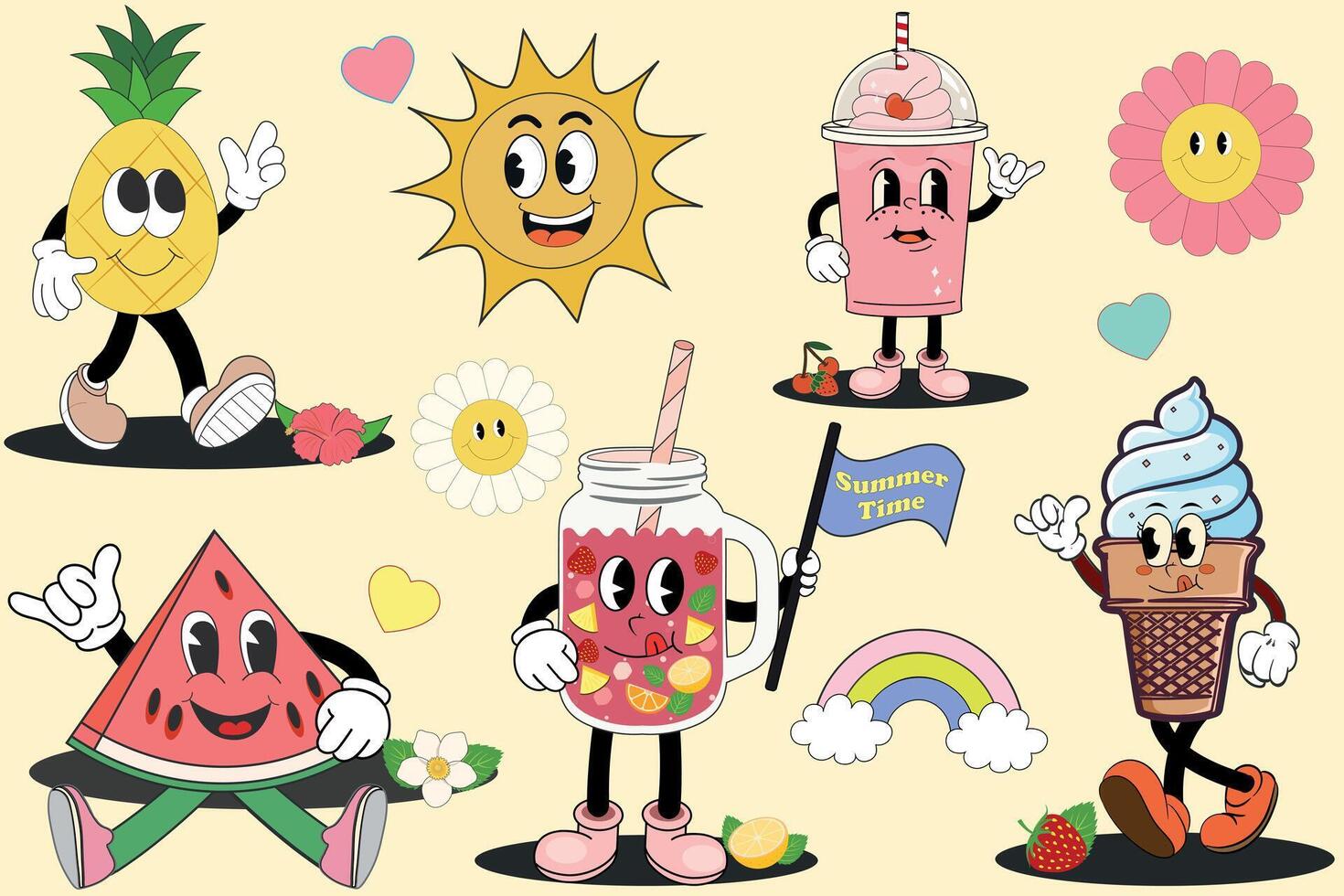 impostato di estate Groovy carino cibo e bevande personaggi. retrò adesivi, francobolli, cerotti o mascotte per bar. vettore illustrazione con bolla Tè, limonata, ghiaccio crema, anguria, ananas, fiori