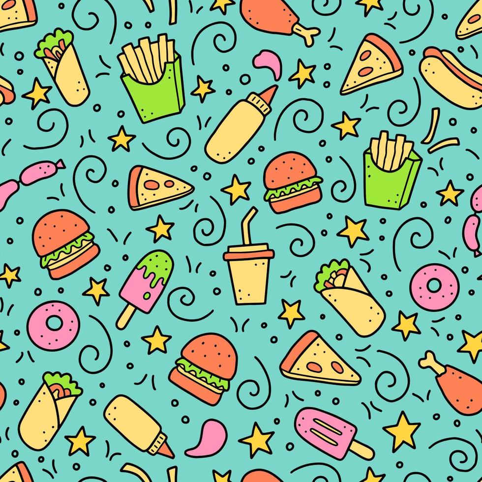 Reticolo senza giunte disegnato a mano di doodle di fast food. illustrazione vettoriale. vettore