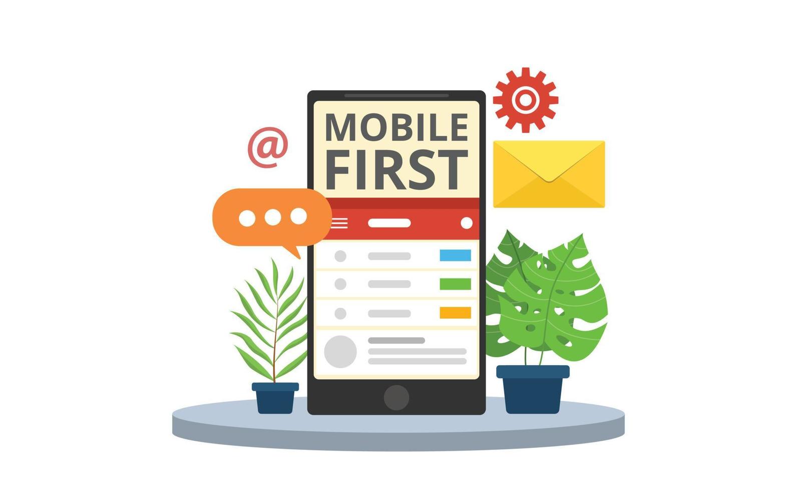 primo concetto mobile con smartphone e parola di testo con stile piatto moderno vettore