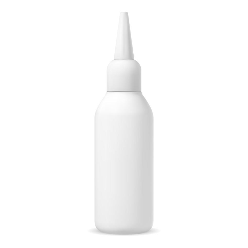 modello di bottiglia di plastica colorante per capelli. tubo di colla con contagocce isolato su sfondo bianco. boccetta di essenza per capelli premium, collagene medico. confezione di oli essenziali. cura degli occhi o spray nasale vettore