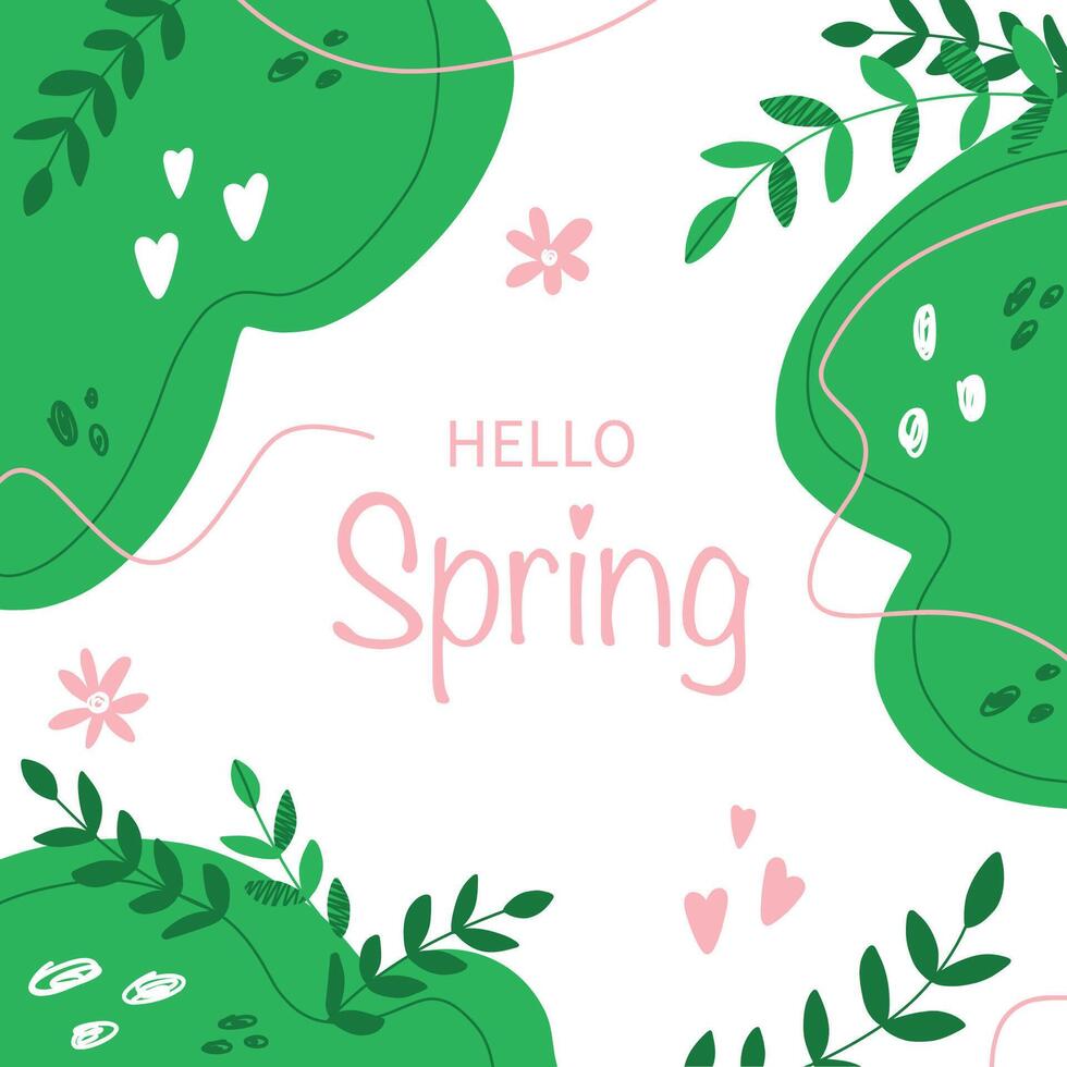 Ciao primavera bandiera con foglia e scarabocchio elementi per saluto carta, invito modello. colorato primavera cartolina. vettore