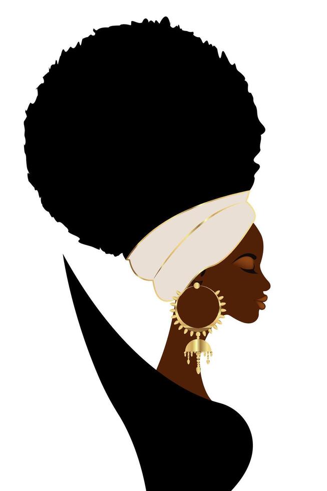 nero Regina, africano donna nel afro Riccio capelli, d'oro orecchini e turbante. vettore illustrazione isolato su bianca sfondo.