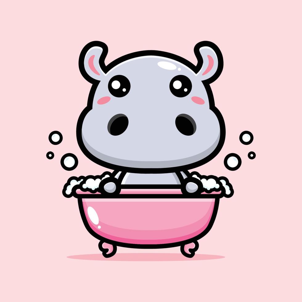 simpatico ippopotamo che fa il bagno nella vasca rosa vettore