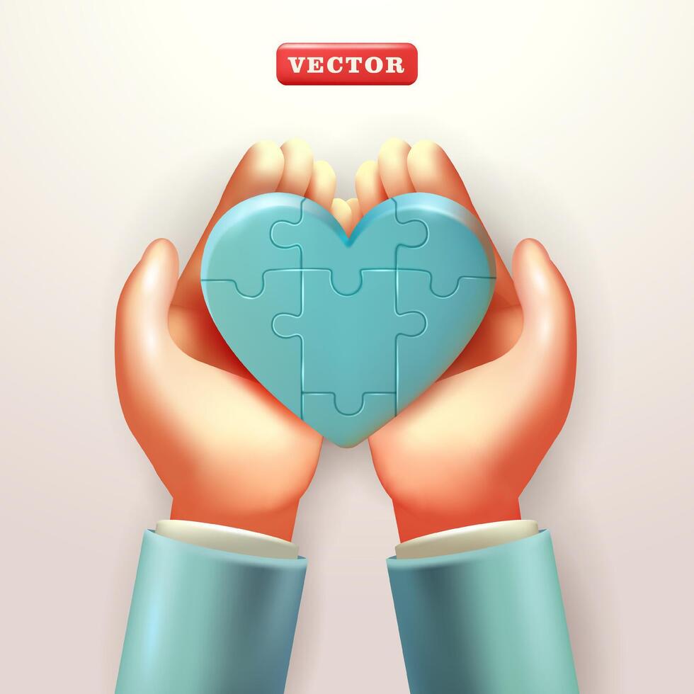 un' paio di mani Tenere un' a forma di cuore puzzle, 3d vettore. adatto per san valentino, Salute e cura giorno vettore