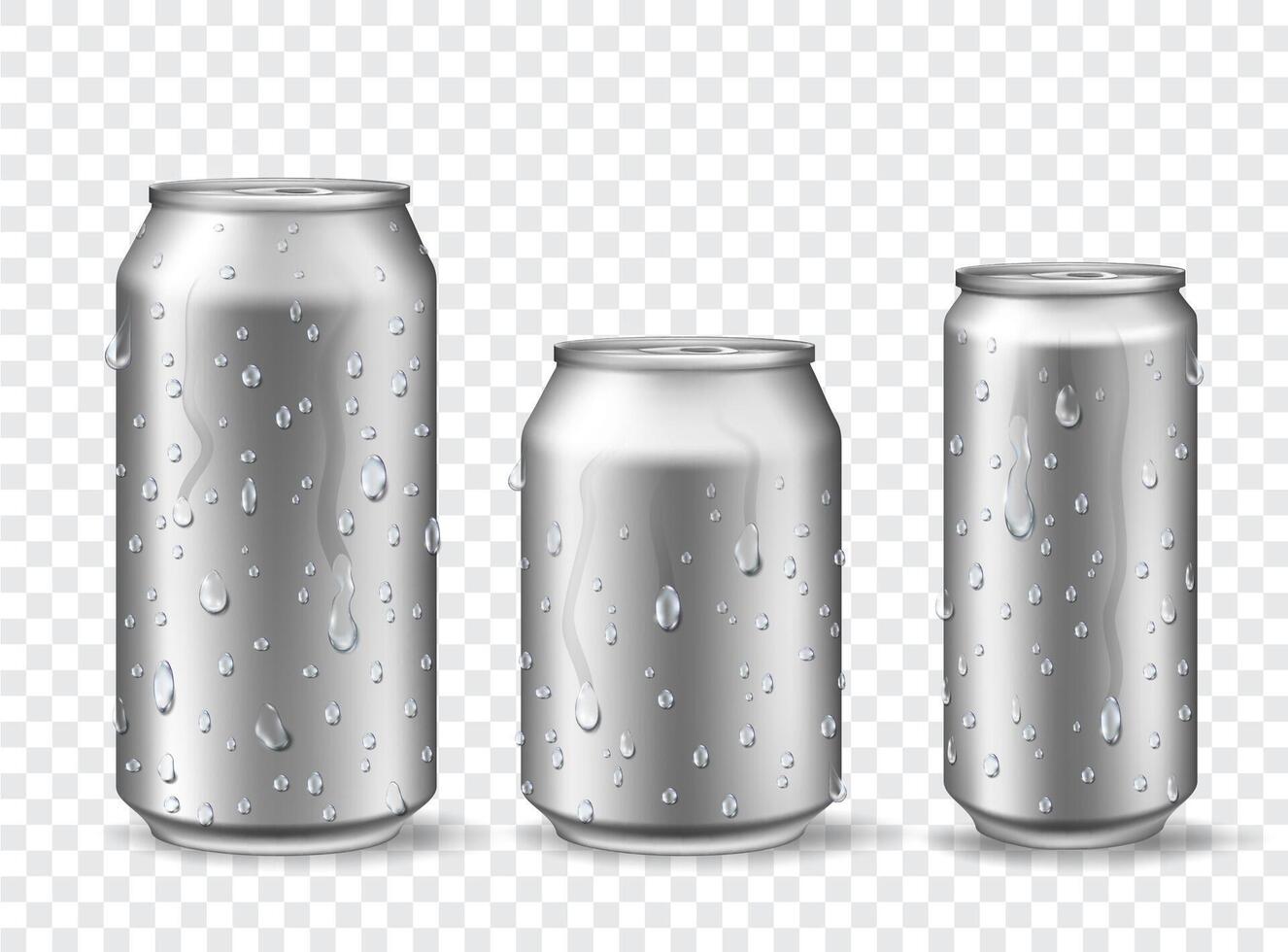lattine con condensazione. freddo alluminio birra, energia bevanda o limonata può mockup con acqua gocce. 3d realistico metallo bibita lattine vettore impostato