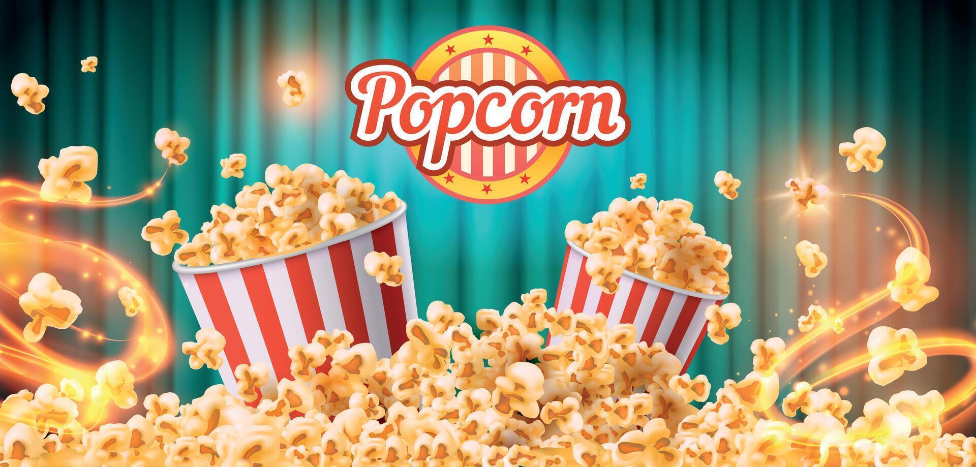 croccante Popcorn merenda anno Domini manifesto con a strisce benne e grani. dolce o sale cinema cibo commerciale. volante gustoso Popcorn vettore bandiera