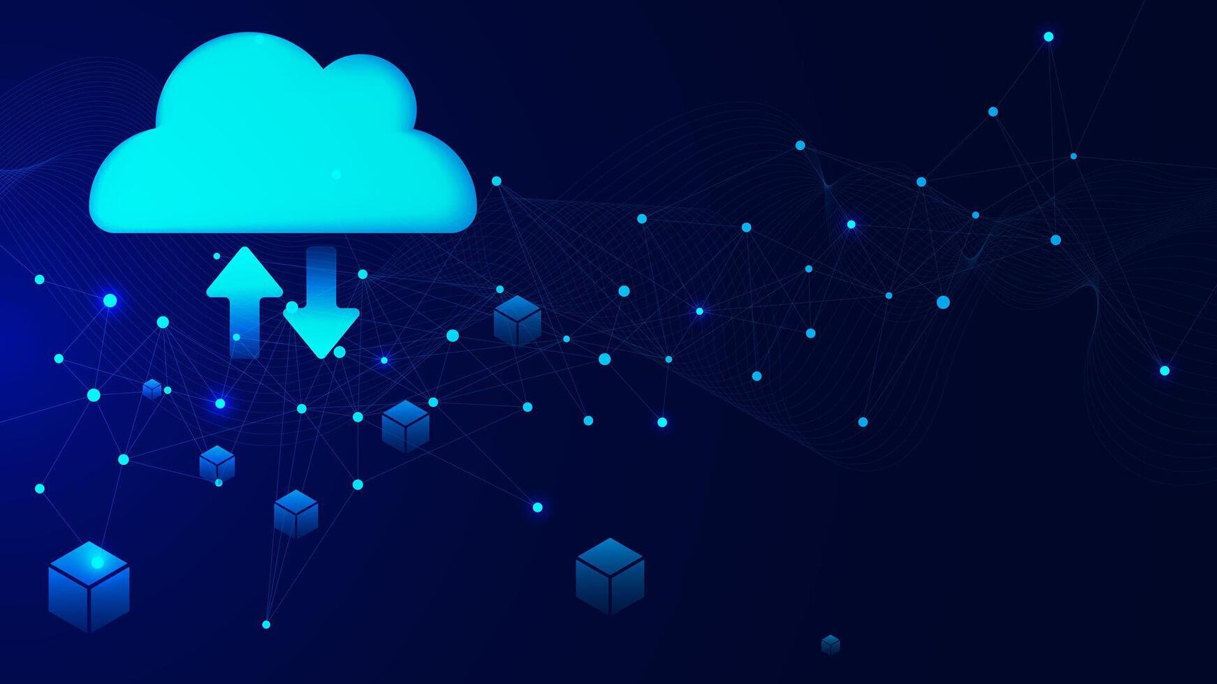 digitale nube calcolo con Due frecce su e giù o caricare e Scarica. grande dati centro, virtuale ospitando e dati Conservazione concetto. vettore illustrazione.