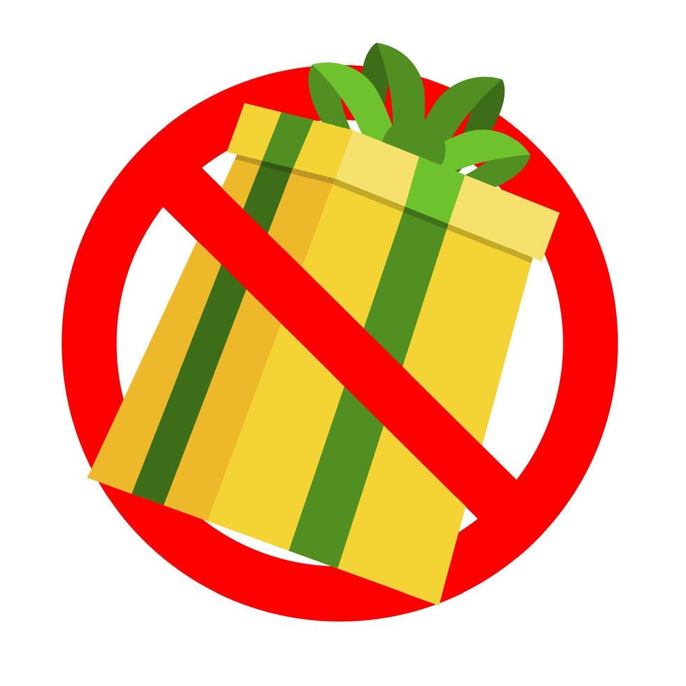 vietare cartello e no regalo e sorpresa, proibitivo presente pacchetto, divieto dando regalo scatola con nastro, bandire festeggiare festa. vettore illustrazione