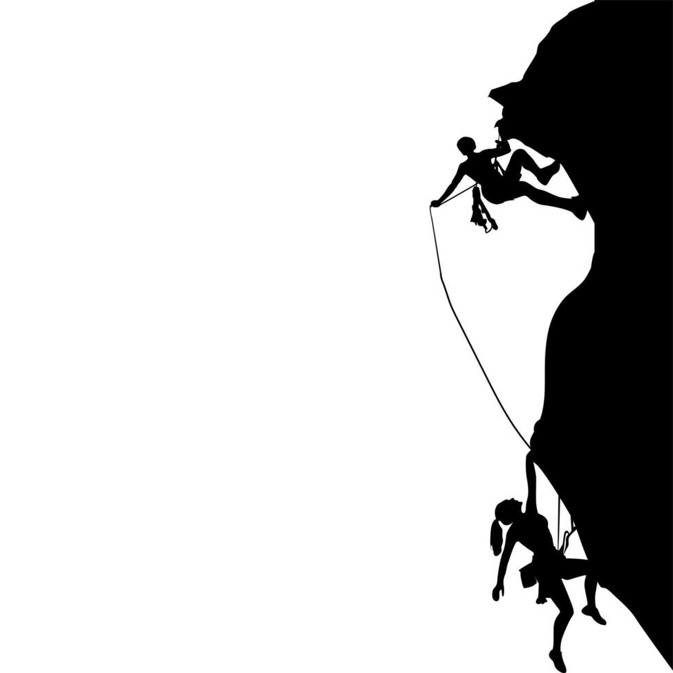 uomo e donna arrampicata nero silhouette, attività sicurezza scalatore, estremo roccia arrampicata nero bianca, lavoro di squadra alpinista assistenza, vettore illustrazione