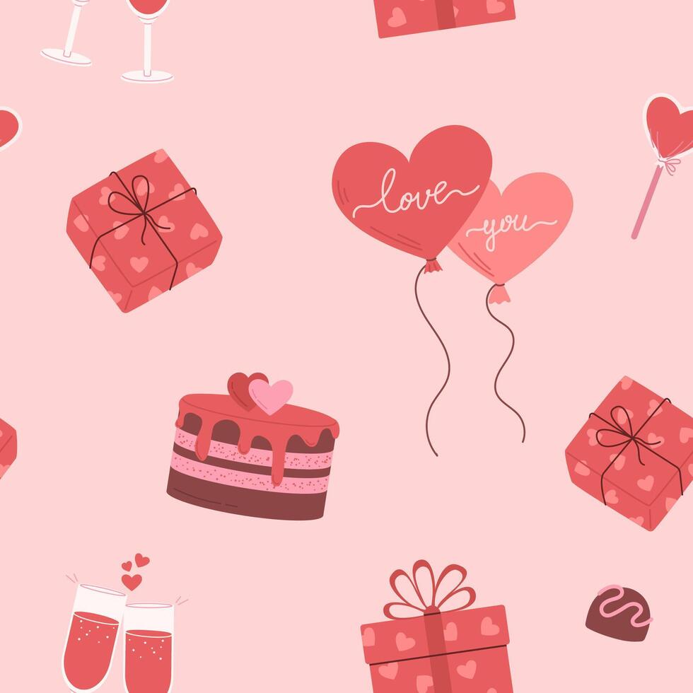 romantico senza soluzione di continuità modello con i regali, dolci, vino e cuore forma Palloncino. San Valentino giorno vettore illustrazione. Perfetto per involucro carta, nozze decorazione, bandiera