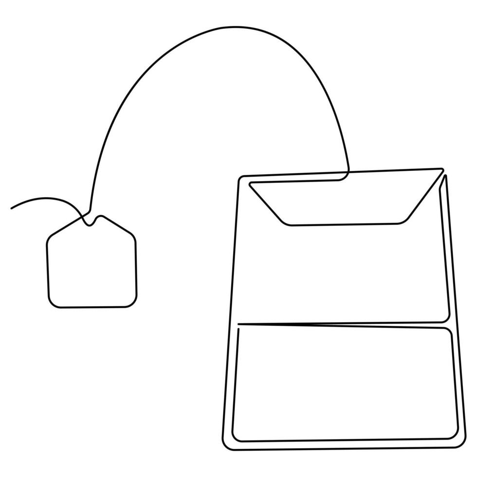 continuo singolo linea arte disegno di carta tè Borsa icona e caldo erbaceo bevanda schema arte vettore illustrazione