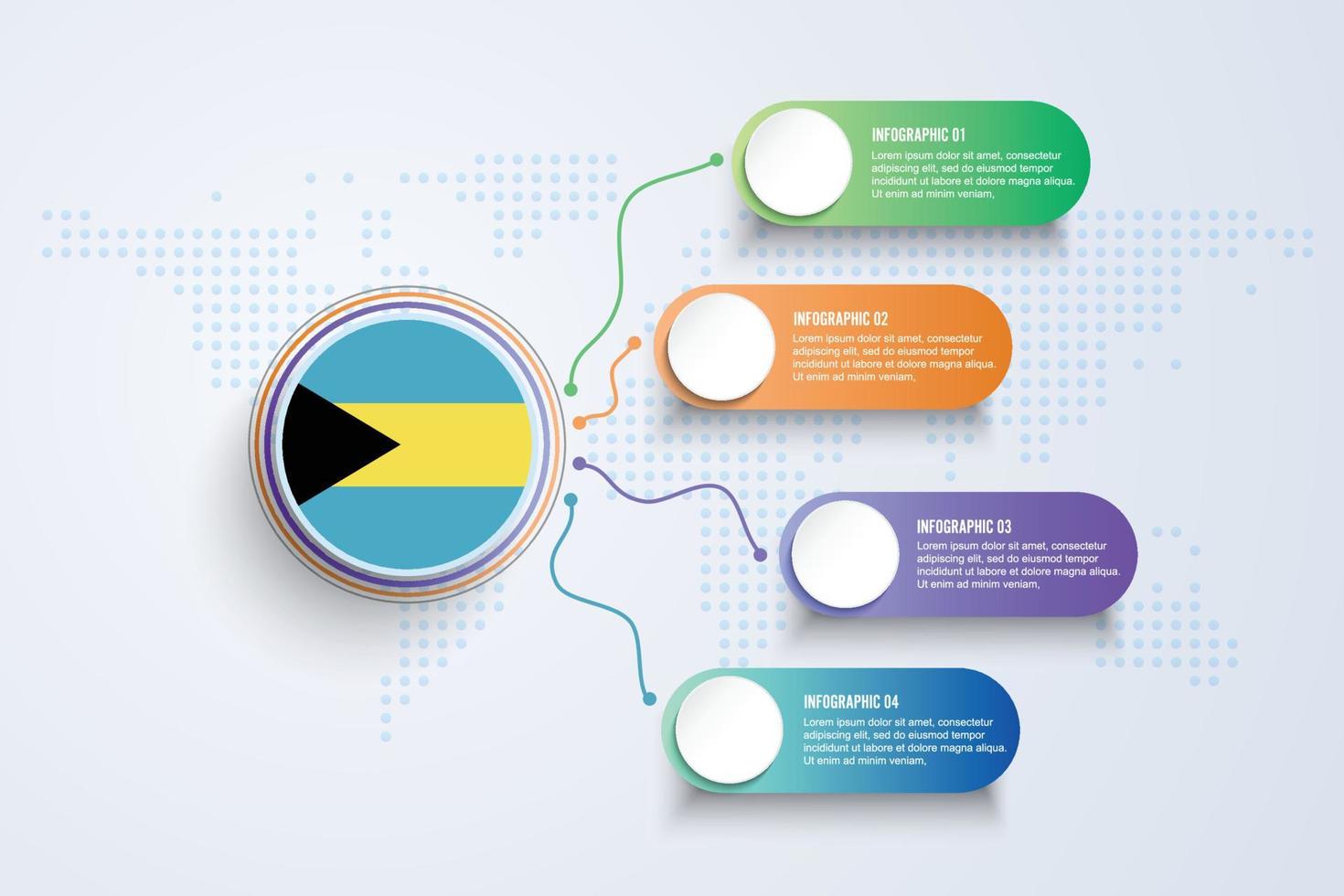 bandiera delle Bahamas con design infografico isolato sulla mappa del mondo a punti vettore