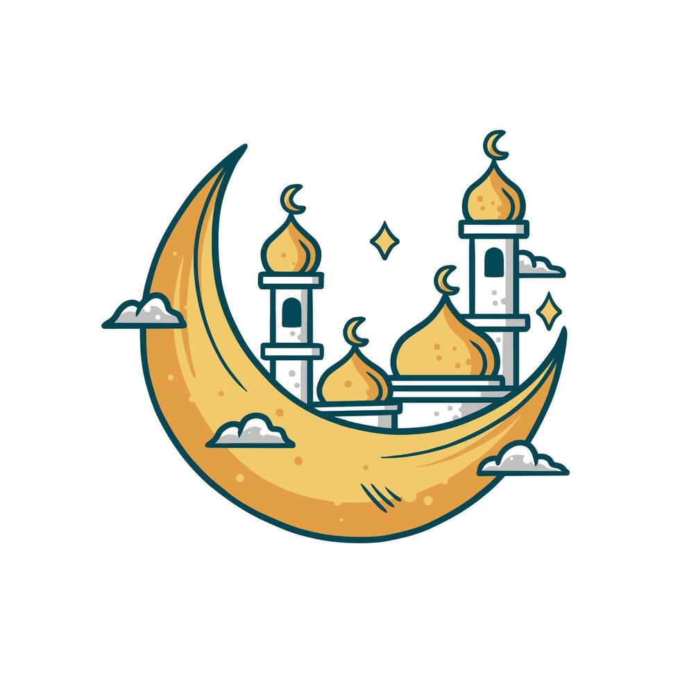 mano disegnato moschea su il Luna islamico illustrazione per Ramadhan kareem bene per striscione, volantino, sociale media soddisfare eccetera vettore