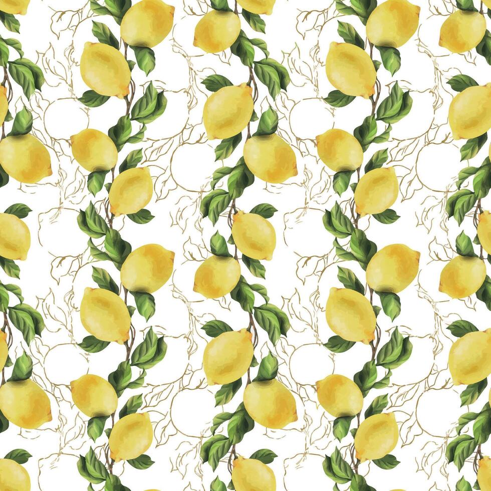 limoni siamo giallo, succoso, maturo con verde foglie, fiore mini cuffie su il rami, totale e fette. acquerello, mano disegnato botanico illustrazione. senza soluzione di continuità modello vettore