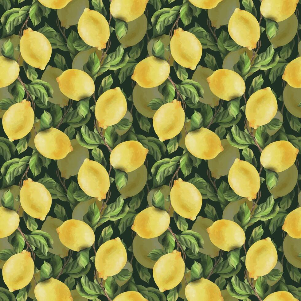 limoni siamo giallo, succoso, maturo con verde foglie, fiore mini cuffie su il rami, totale e fette. acquerello, mano disegnato botanico illustrazione. senza soluzione di continuità modello su un' verde sfondo. vettore