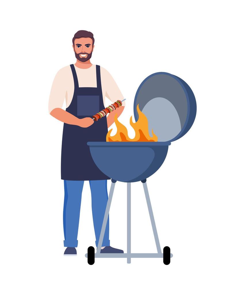 uomo cucinando barbecue griglia. barbecue scena. sorridente uomo detiene kebab. friggere carne su fuoco. vettore illustrazione.