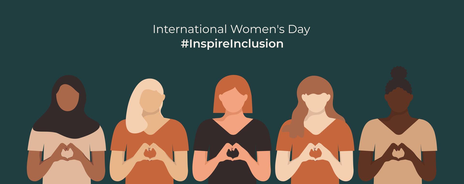 iwd ispirareinclusione orizzontale design con ragazze Spettacoli cuore forma con loro mani. ispirare inclusione sociale campagna. internazionale Da donna giorno bandiera 2024. varia donne nel senza volto stile. vettore