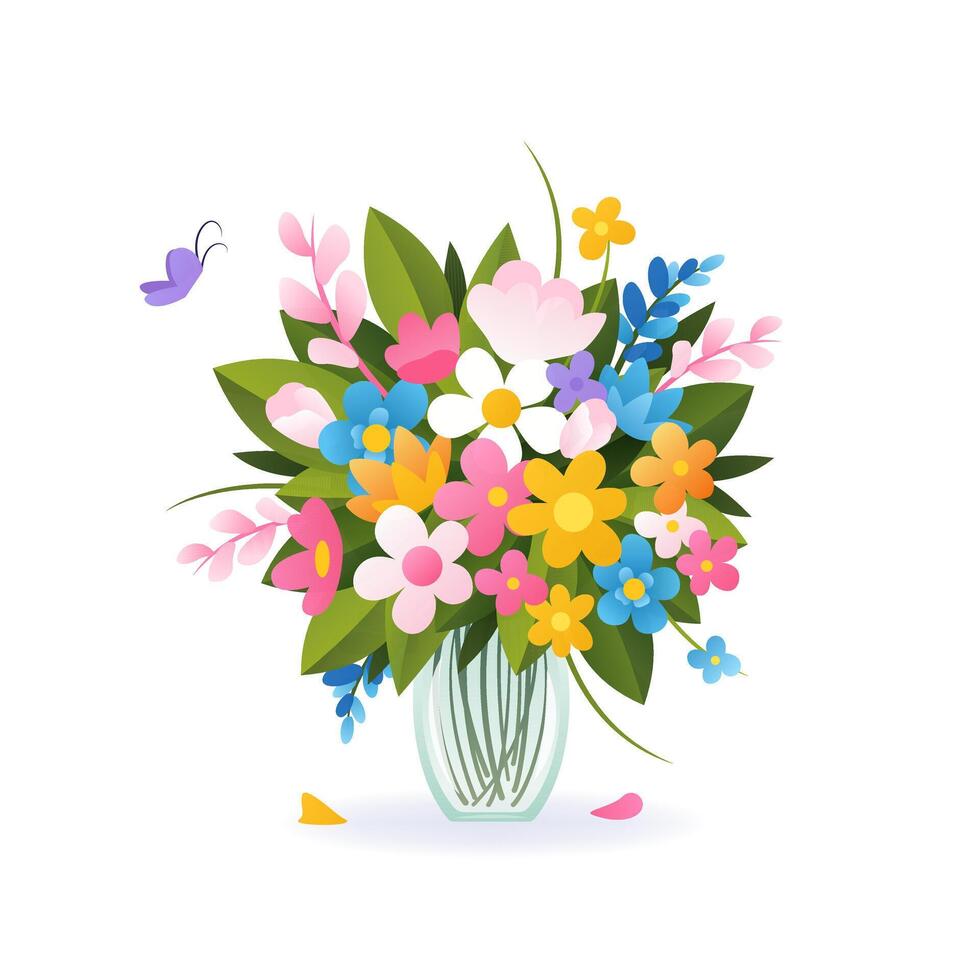 mazzo di diverso primavera e estate fiori nel vaso. isolato vettore illustrazione su bianca. moderno arte per manifesto, cartolina, striscione, carta e eccetera. vettore clip arte. Da donna giorno, La madre di giorno.