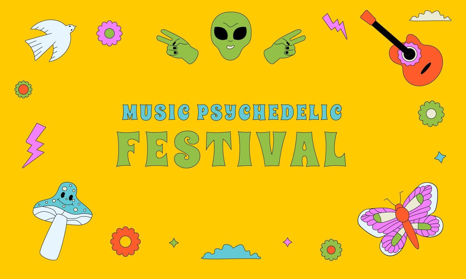 colorato sfondo design per un' musicale psichedelico Festival, illustrato con pazzo delineato figure. vettore