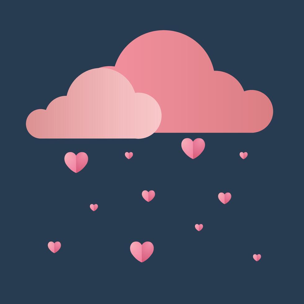 Due rosa ondulato nuvole su buio blu sfondo con pioggia di rosa cuori di diverso taglie. per San Valentino S giorno. celebrazione di amore. vettore