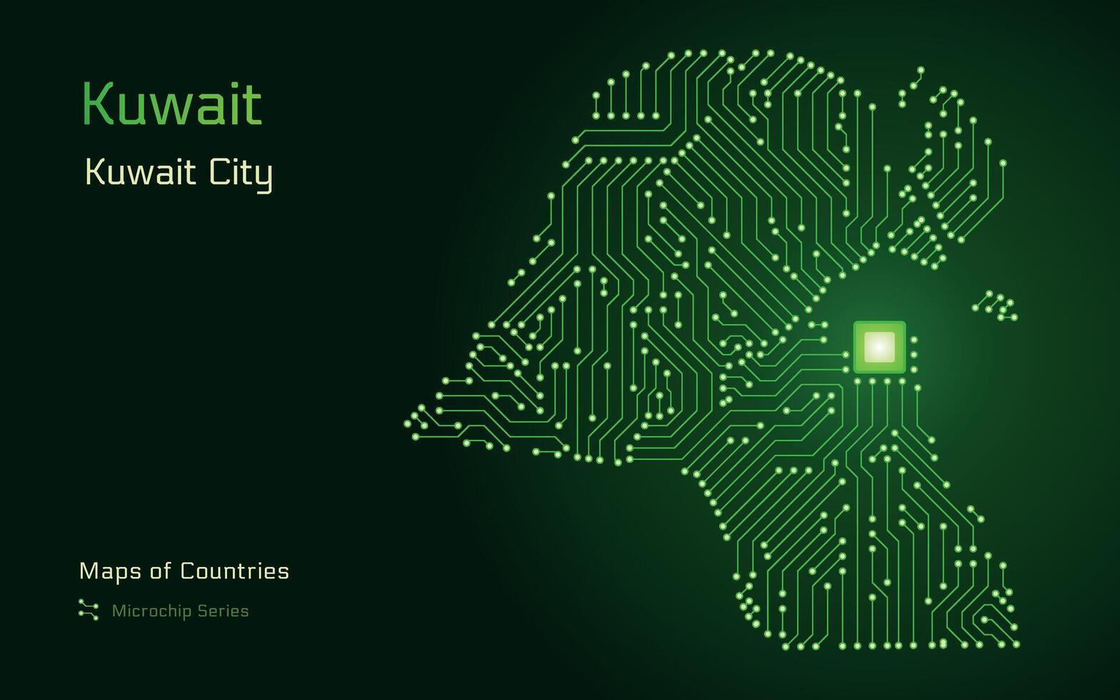 Kuwait carta geografica con un' capitale di Kuwait città mostrato nel un' microchip modello con processore. e-governo. mondo paesi vettore mappe. microchip serie