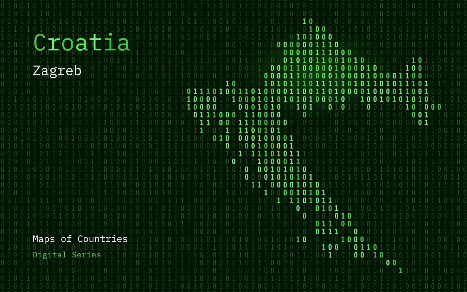 Croazia carta geografica mostrato nel binario codice modello. tsmc. verde matrice numeri, zero, uno. mondo paesi vettore mappe. digitale serie