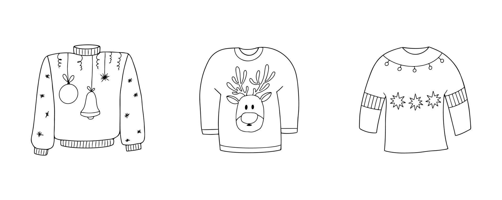 set di maglione brutto disegnato a mano. collezione di maglioni invernali lineari in bianco e nero per le vacanze. illustrazione vettoriale scarabocchio