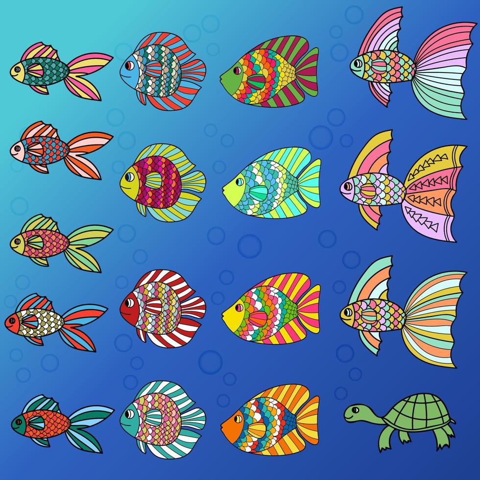 colorato simpatico cartone animato doodle set di pesci. disegnata a mano linea sottile acquario tropicale pesci e tartarughe collezione di icone isolati su sfondo bianco. vettore