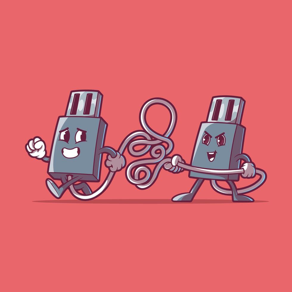 ingarbugliato USB cavo personaggi vettore illustrazione. tecnologia, connessione design concetto.