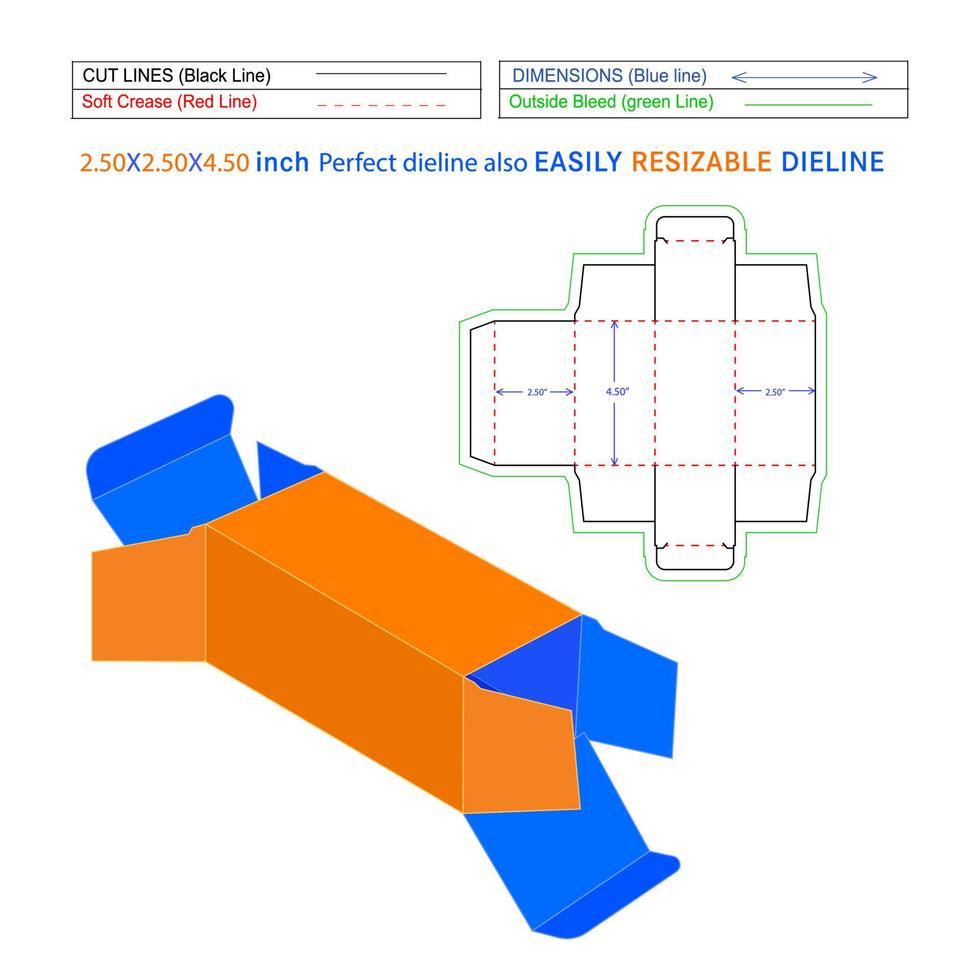 confezione di scatola pieghevole con estremità piegata diritta 2,50x2,50x4,50 pollici modello dieline e file vettoriale 3d