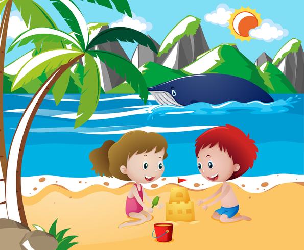 Bambini che giocano a sandcastle sulla spiaggia vettore