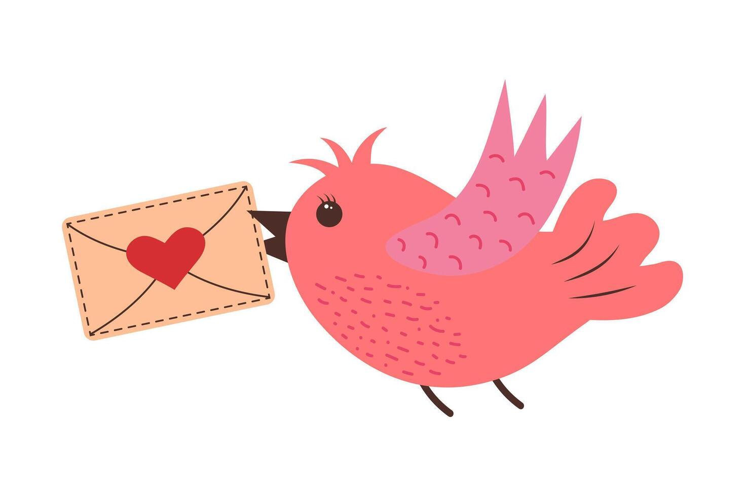 carino rosa uccello trasporto Busta con cuore nel suo becco. amore pacco. consegna concetto. San Valentino giorno romantico clipart. vettore