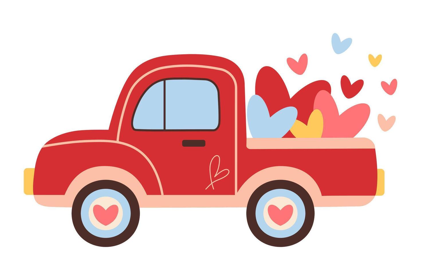 Vintage ▾ rosso camion con cuori. San Valentino giorno o nozze concetto. cartone animato piatto vettore illustrazione.