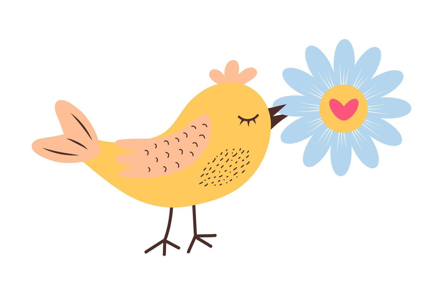 carino giallo uccello Tenere margherita con cuore nel suo becco. amore pacco. consegna concetto. San Valentino giorno romantico clipart. vettore