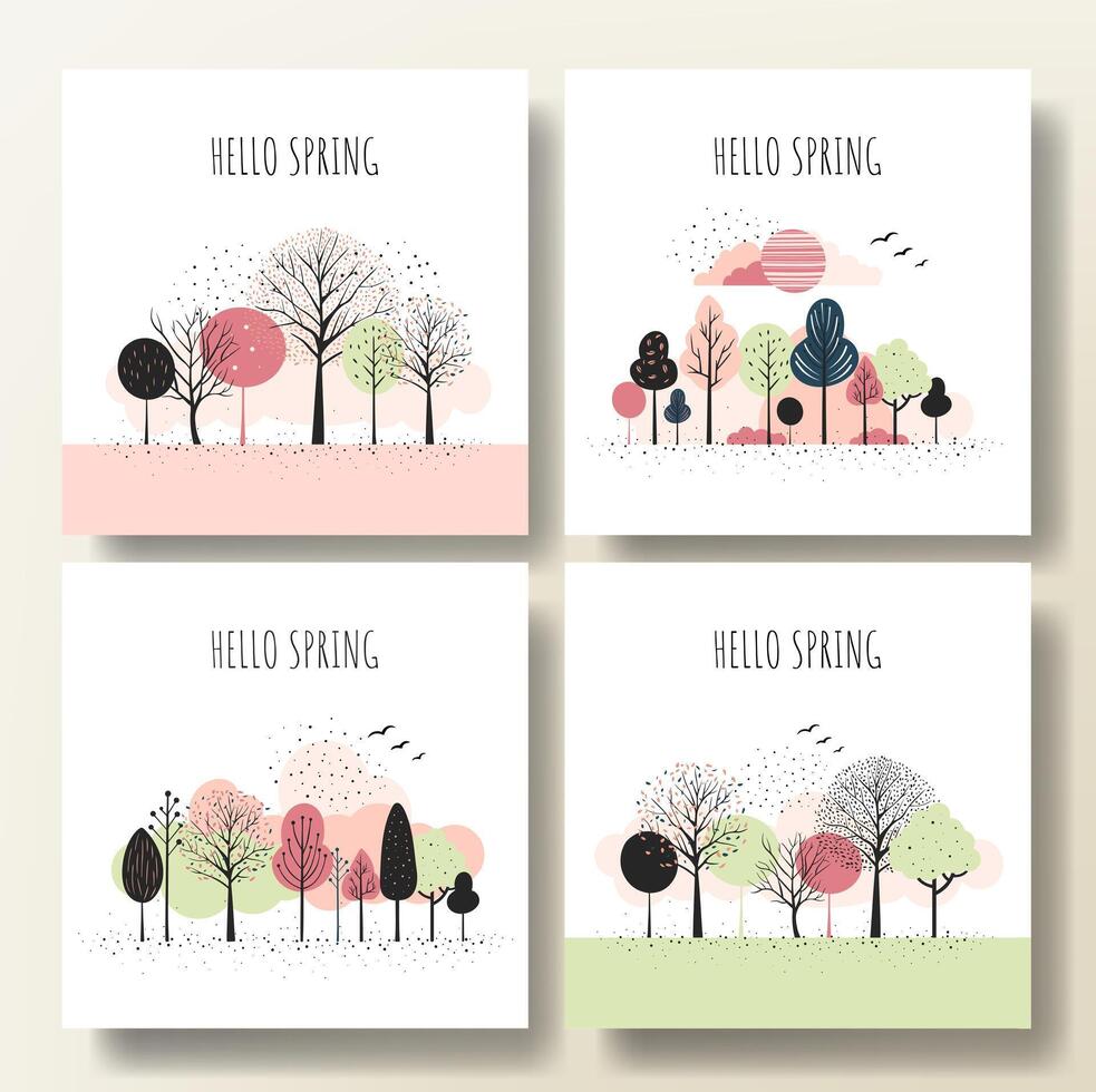 impostato di primavera carte con Fata alberi. primavera alberi minimalista stile. cartone animato fantasia alberi composizione, telaio. vettore