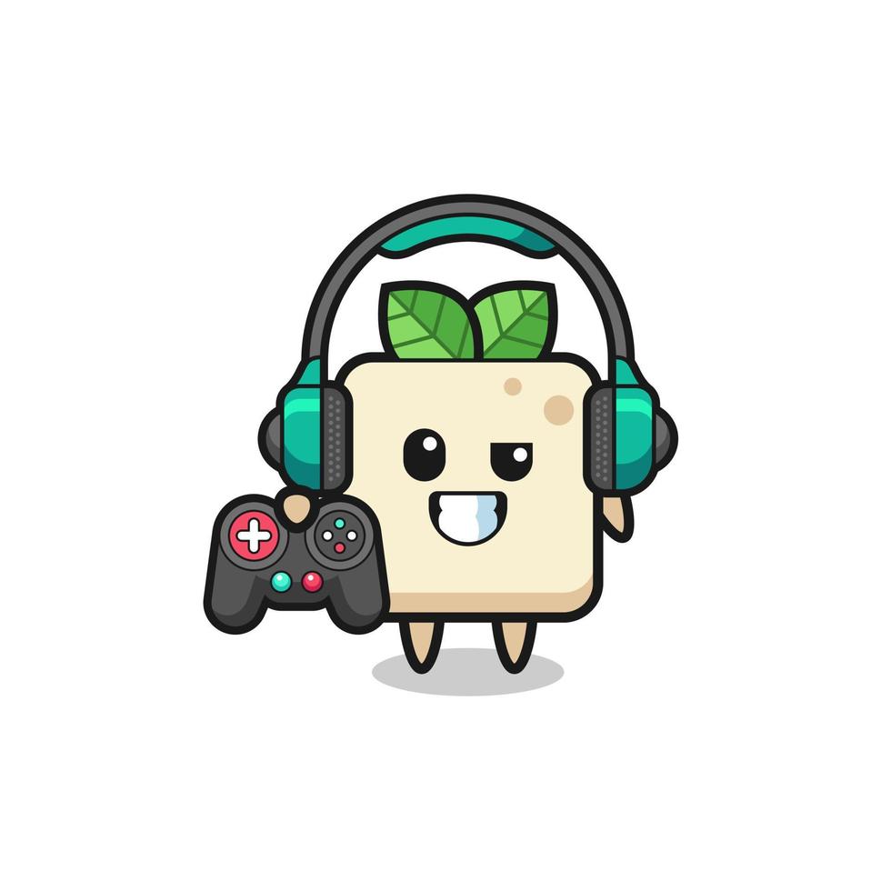 mascotte del giocatore di tofu che tiene un controller di gioco vettore