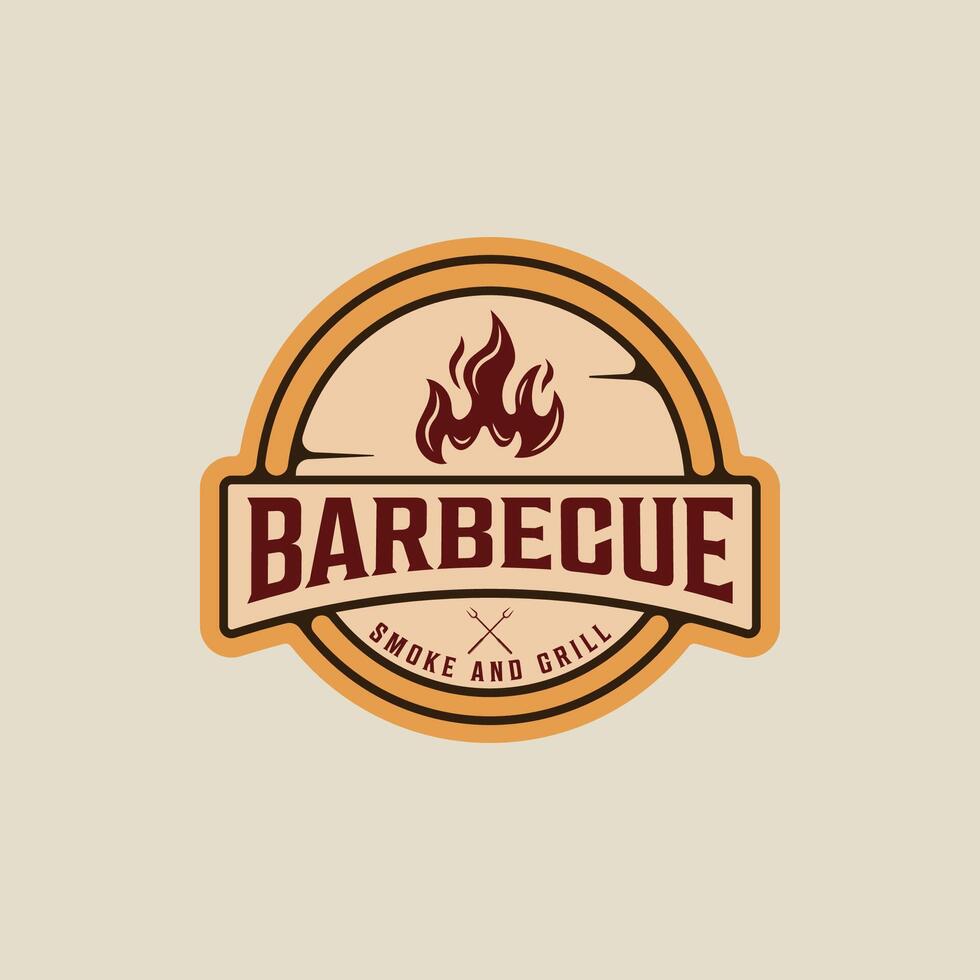 barbecue logo emblema vettore illustrazione modello icona grafico design. bbq griglia con fiamma cartello o simbolo per cibo ristorante bistecca Casa con retrò distintivo etichetta tipografia stile