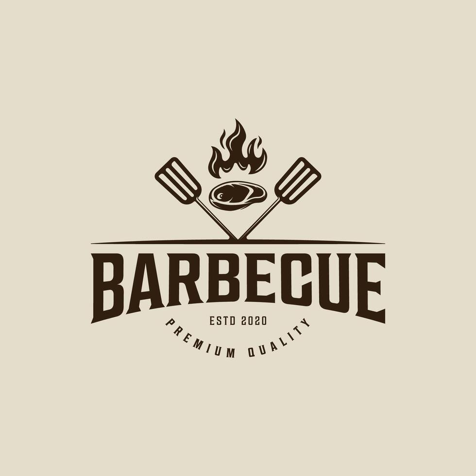 barbecue logo Vintage ▾ vettore illustrazione modello icona grafico design. bbq griglia con fiamma e carne spatola cartello o simbolo per cibo ristorante bistecca Casa con retrò tipografia stile
