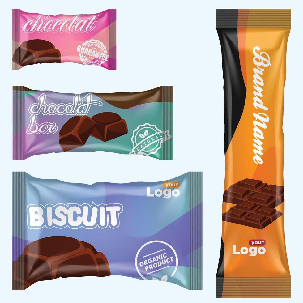 flusso imballare e cioccolato sbarra. bianca merenda pacchetto modello per biscotti, biscotto, wafer. vuoto cioccolato bar modello di Foglio flusso imballare su trasparente Indietro. vettore