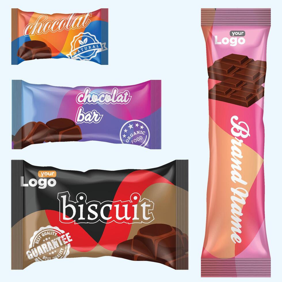 flusso imballare e cioccolato sbarra. bianca merenda pacchetto modello per biscotti, biscotto, wafer. vuoto cioccolato bar modello di Foglio flusso imballare su trasparente Indietro. vettore