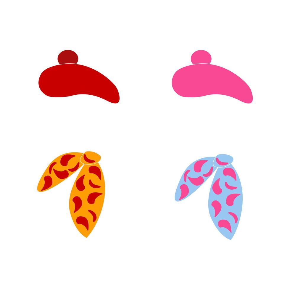 Da donna lana berretti nel rosso e rosa con seta sciarpe nel blu e giallo. mezza stagione cappelli, Accessori per donne. colorato vettore illustrazione