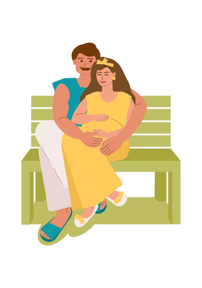 contento famiglia, marito abbracci incinta moglie su un' panchina nel estate. contento coppia aspettandosi un' bambino, futuro genitori. famiglia tempo libero, estate camminare, amore, cura. vettore colore illustrazione.