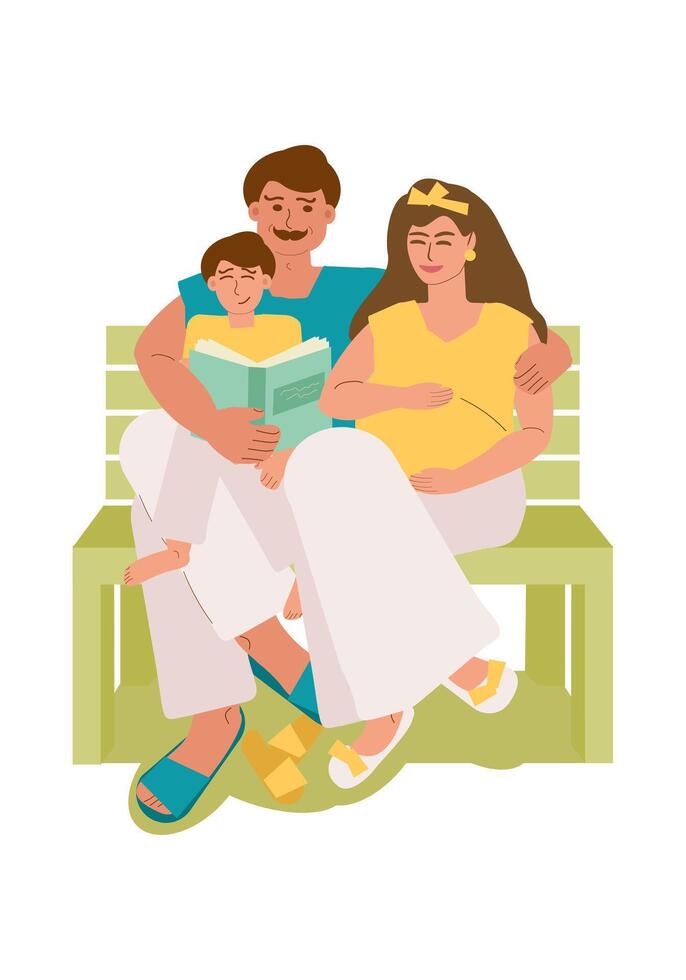 contento famiglia, genitori con un' bambino riposo su un' panchina nel il estate. un' padre con un' piccolo figlio nel il suo braccia legge un' libro e abbracci il suo incinta moglie. vettore colore illustrazione.
