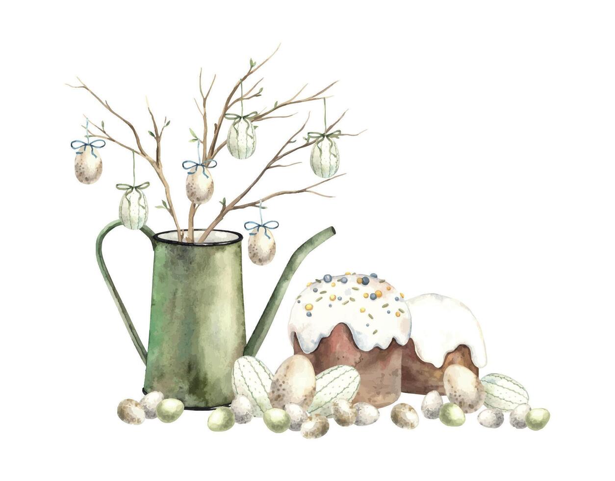 acquerello Pasqua composizione di Pasqua torta, uova e ramoscelli. Pasqua vacanza illustrazione mano disegnato. schizzo su isolato sfondo per saluto carte, inviti, contento vacanze, manifesti vettore