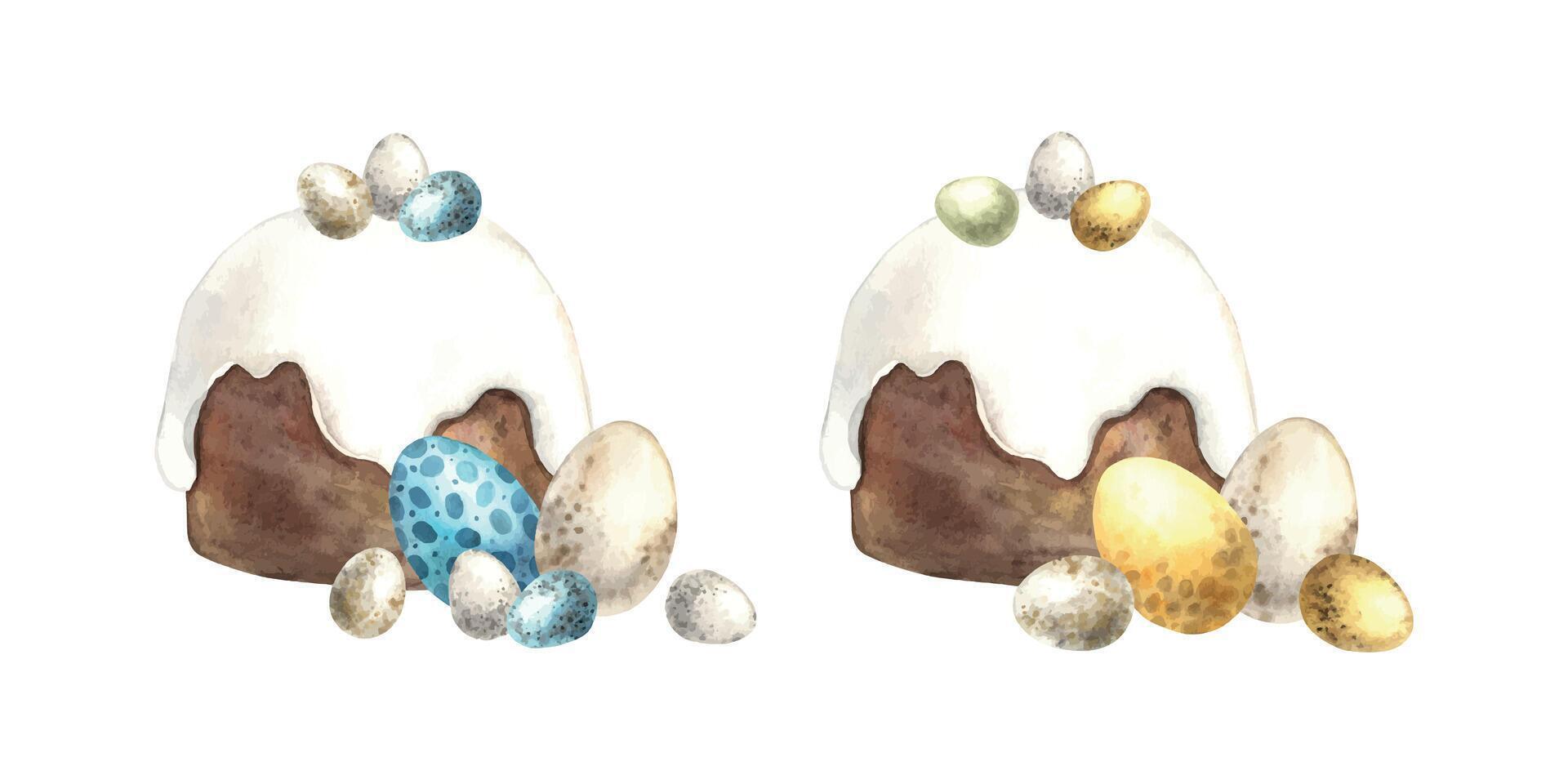 un' impostato di Due acquerello Pasqua composizioni con Pasqua torte e uova. Pasqua vacanza illustrazione mano disegnato. schizzo su isolato sfondo per saluto carte, inviti, contento vacanze, manifesti vettore