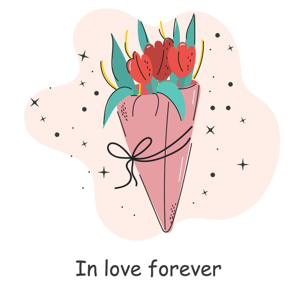 cartolina con un iscrizione di amore. fiori mazzo. San Valentino giorno. vettore illustrazione con elementi su un' bianca sfondo.